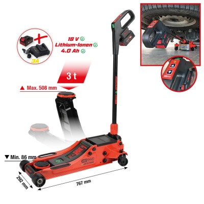 Cric hydraulique à batterie e-Performance, 3 t, hauteur max. 508 mm - KSTools | 160.2015