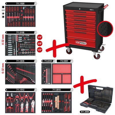 ECOline Servante d'atelier NOIR/ROUGE avec 7 tiroirs et 598 outils d'excellente qualité - KSTools | 897.7598