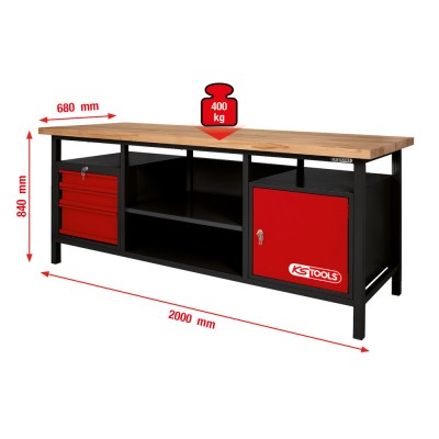 Etabli d'atelier 1 porte + 3 tiroirs 840x2000x680mm - KSTools | 865.0201
