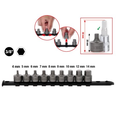 Jeu de douilles à embout 3/8''  à 6 pans creux, courtes, 9 pcs, 4-14 mm - KSTools | 917.4000
