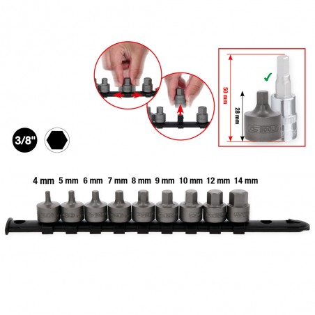 Jeu de douilles à embout 3/8''  à 6 pans creux, courtes, 9 pcs, 4-14 mm - KSTools | 917.4000