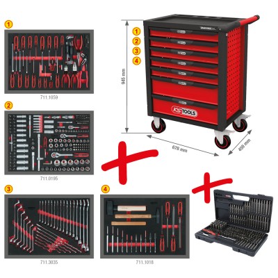 Servante d'atelier RACINGline NOIR/ROUGE 7 tiroirs équipée de 515 outils - KSTools | 826.7515