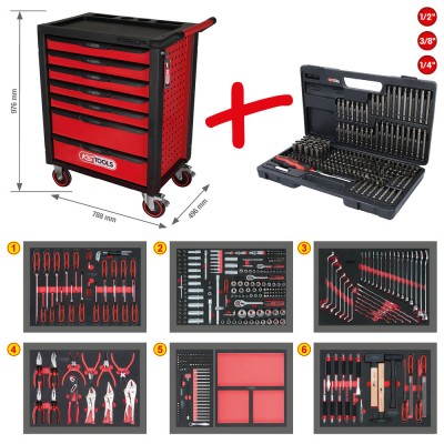 Servante d'atelier RACINGline NOIR/ROUGE 7 tiroirs equipée de 598 outils - KSTools | 826.7598