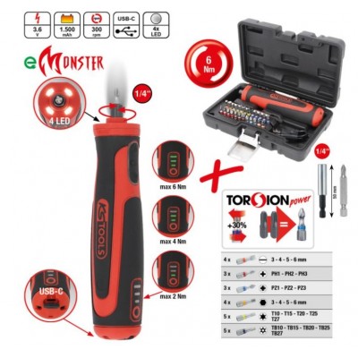 Coffret tournevis sur batterie et embouts eMONSTER 1/4'', 27 pcs, 6 Nm KS Tools | 515.6550